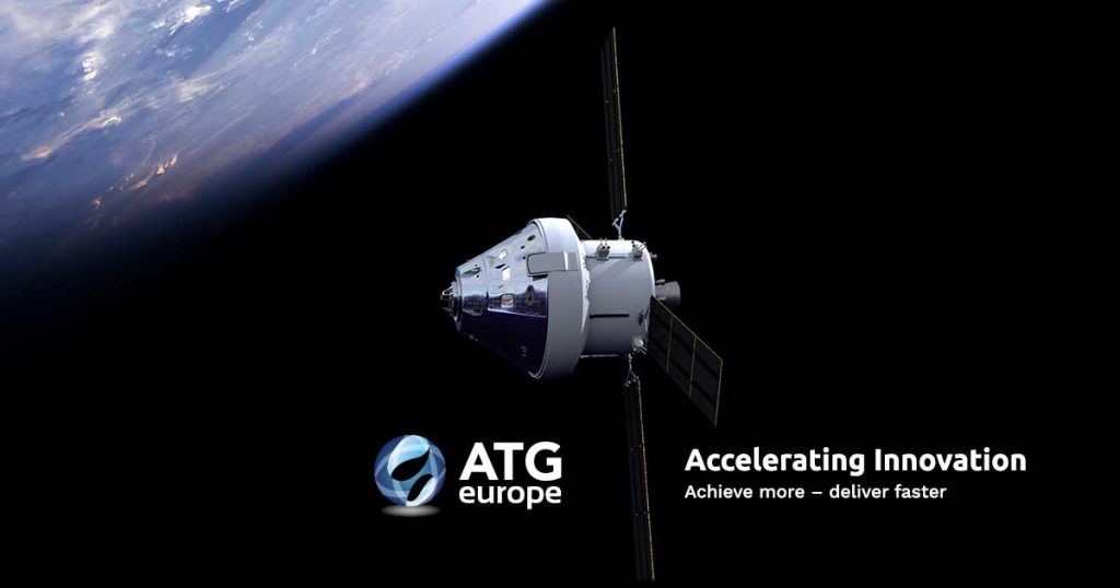 Satellite orbiting Earth with ATG Europe logo and slogan "Accelerating Innovation – Achieve more – deliver faster" against the backdrop of space.