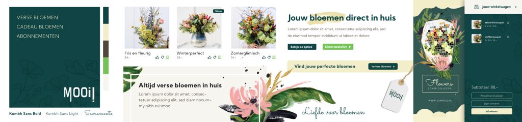 Floral website homepage design with fresh and seasonal bouquet offerings, online shopping cart, and subscription options.