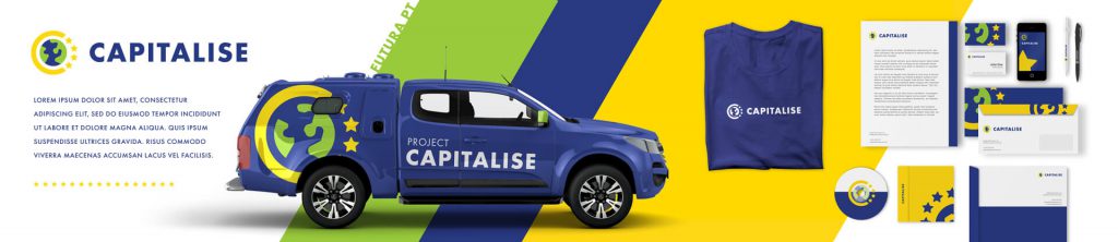 Project Capitalise branding elements including logo, branded vehicle, T-shirt, business stationery, and mobile app design with yellow and blue color scheme.