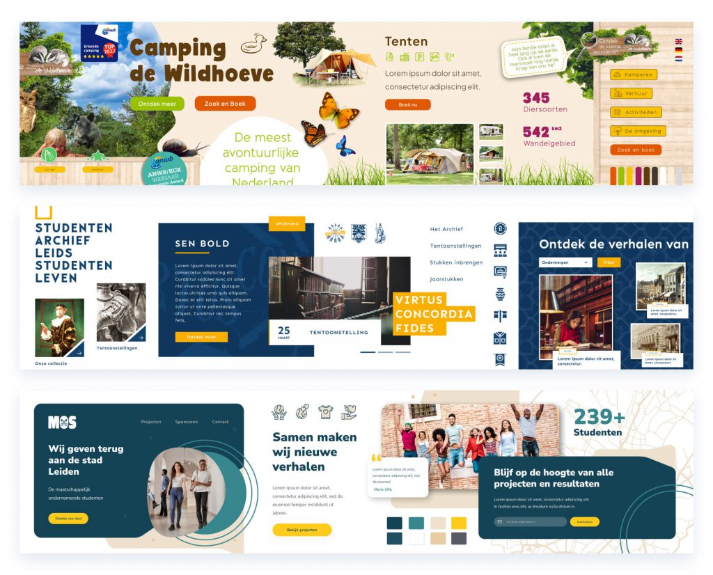 Collage showcasing website designs for different themes including a camping site, student archive, cultural exhibition, and community projects with text placeholders and design elements.